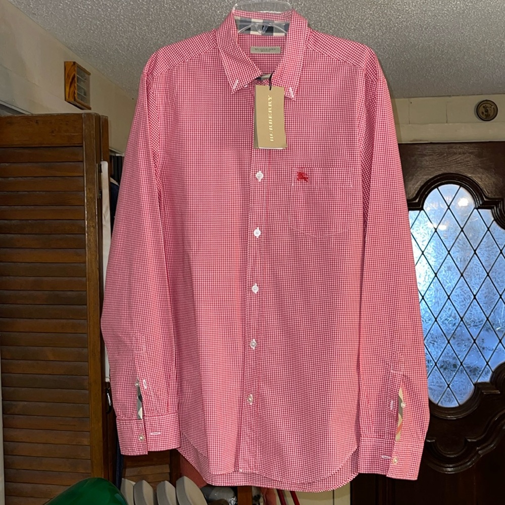 BURBERRY BRIT®️ Military Red Checkered Long Sleeve Button Up Shirt.
